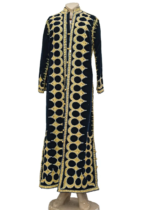 Traditional Midnight Blue Velveteen • Gold Embroidered Kaftan Coat Bomber Denim Leather Traditional Midnight Blue Velveteen • Gold Embroidered Kaftan Coat Bomber Denim Leather