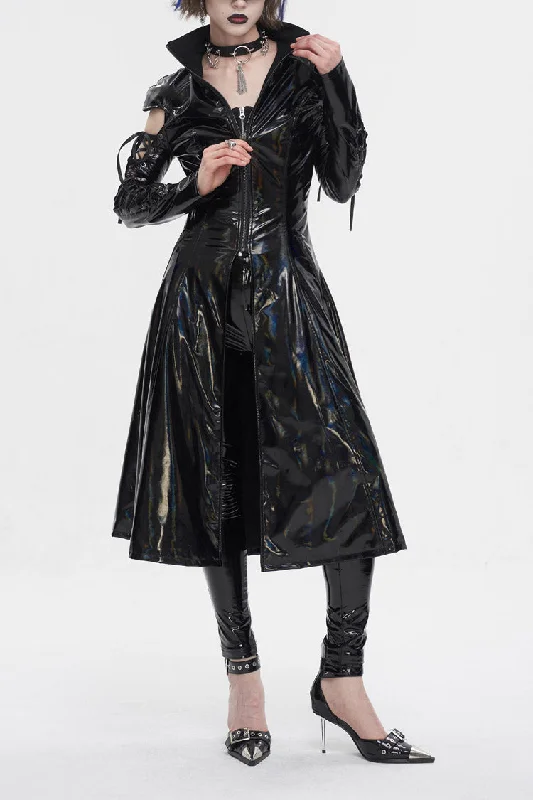 Black Lace Up Mesh Splice Patent Leather Long Women's Punk Coat Striped Polka Dot Floral Black Lace Up Mesh Splice Patent Leather Long Women's Punk Coat Striped Polka Dot Floral