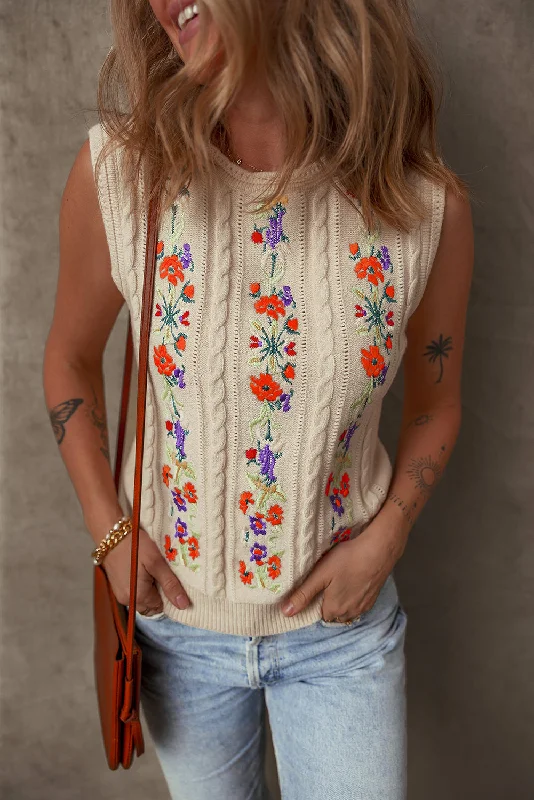 Blue Zone Planet |  Jet Stream Embroidered Floral Cable Knit Sweater Vest Stretchy Elastic Breathable