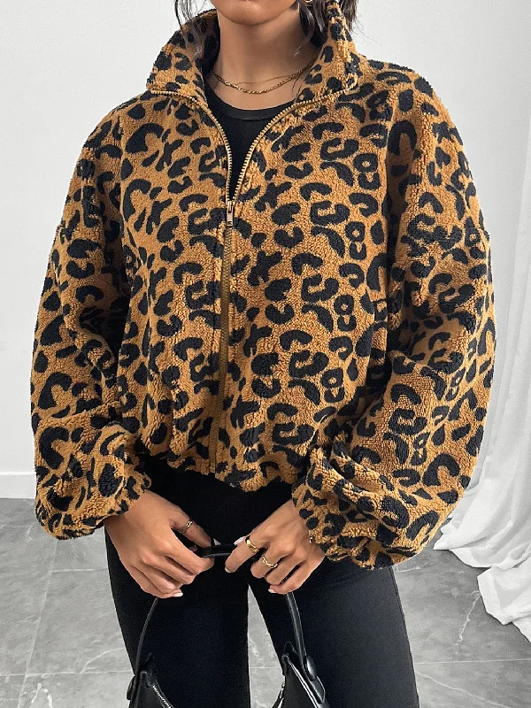 Hazel Blues® |  Leopard Zip Up Long Sleeve Jacket Collared Jacket Crew Neck Jacket Turtle Neck Jacket