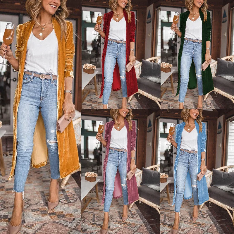 Loose Velvet Long Coat for Women Hook-and-Loop Buckled Tied
