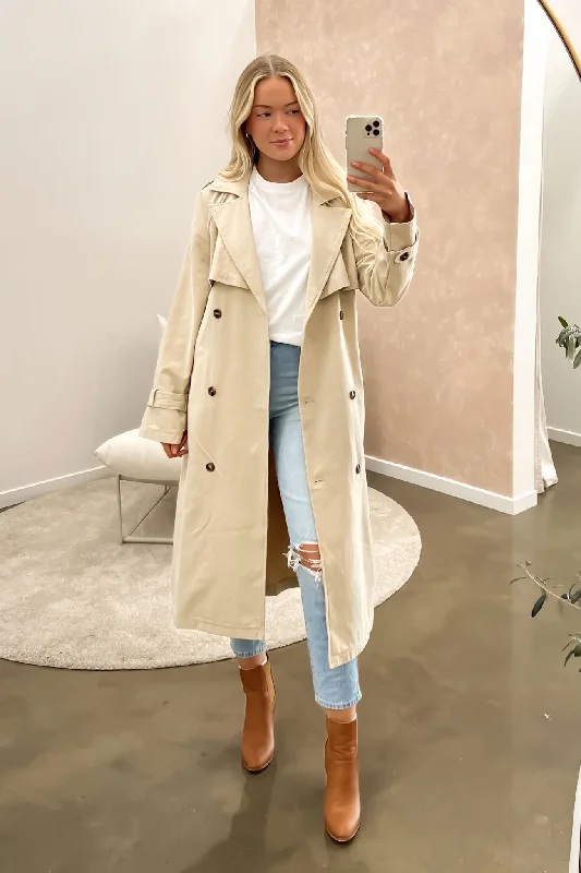 Eve Trench Coat Tan Solid Print Jacquard