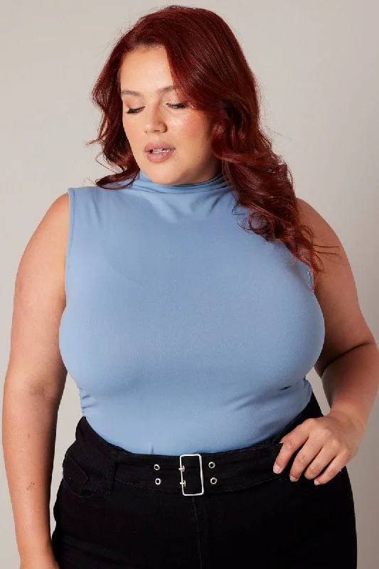 Blue Tank Top Supersoft High Neck Gathered playful tank top