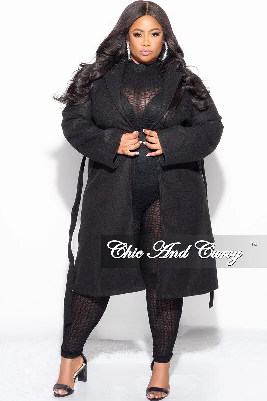 Final Sale Plus Size Wool Trench Coat with Tie in  Black Pockets Sleeves Lining