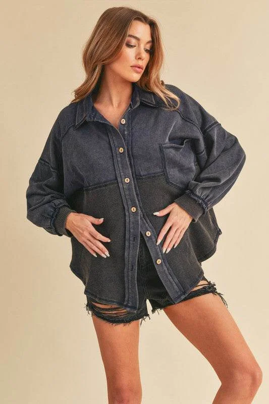 Aemi + Co Acid Washed Exposed Seam Button Up Jacket in Indigo Wool Jacket Cashmere Jacket Tweed Jacket Aemi + Co Acid Washed Exposed Seam Button Up Jacket in Indigo Wool Jacket Cashmere Jacket Tweed Jacket