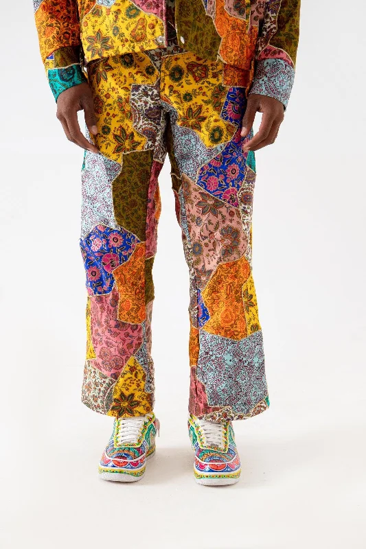 BLOCKPRINTED PATCHWORK SATIN TROUSERS Trousers Satin Smooth