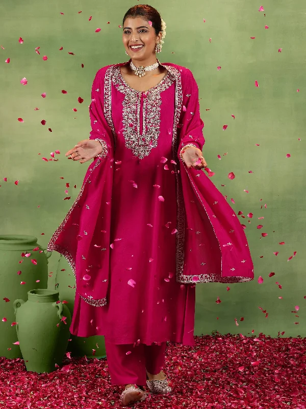 Pink Yoke Design Silk Blend A-Line Kurta With Trousers & Dupatta Trousers Fleece Cozy Pink Yoke Design Silk Blend A-Line Kurta With Trousers & Dupatta Trousers Fleece Cozy
