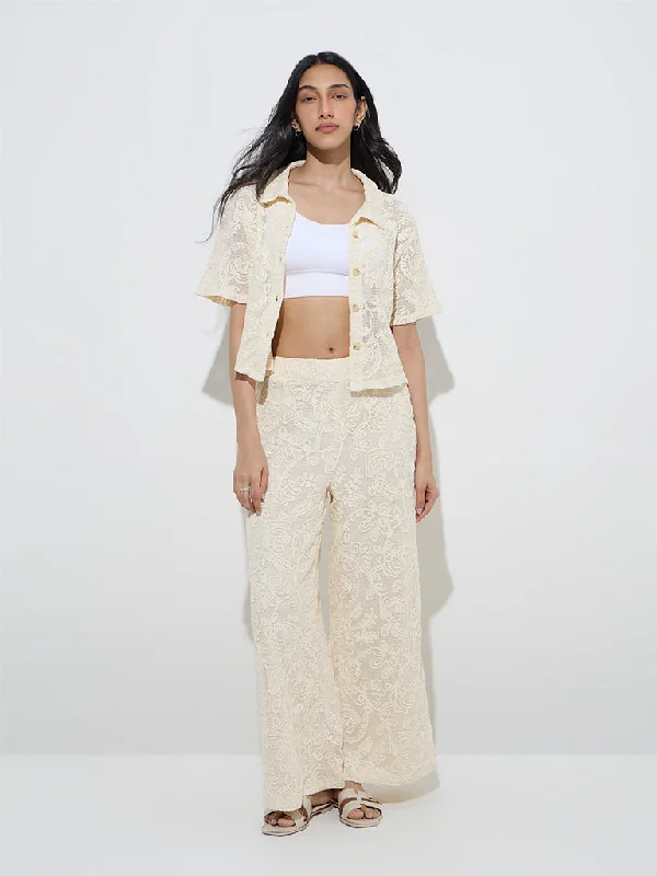 LOV Off-White Floral Lace Design Mid-Rise Cotton Trousers Trousers Favorite Customer LOV Off-White Floral Lace Design Mid-Rise Cotton Trousers Trousers Favorite Customer