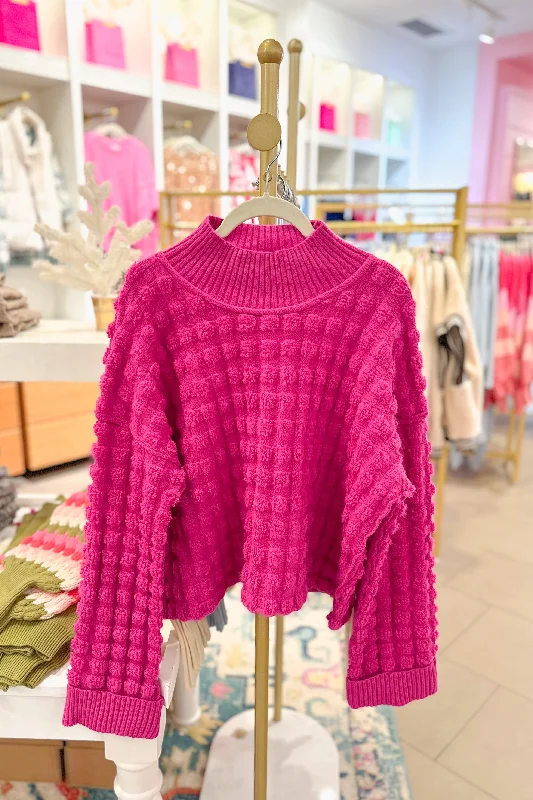 Magenta Pink Checkered Texture Sweater Print Jacquard Patchwork