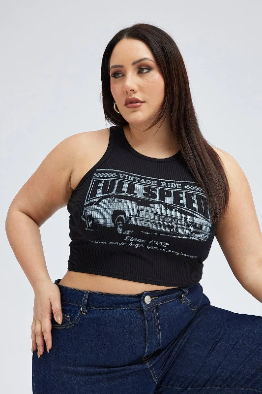 Black Graphic Tank Top Crew Neck peekaboo tank top
