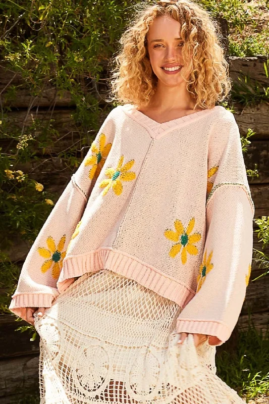 Pol V-Neck Floral Pattern Chenille Sweater Hooded Caped Shawl Collar