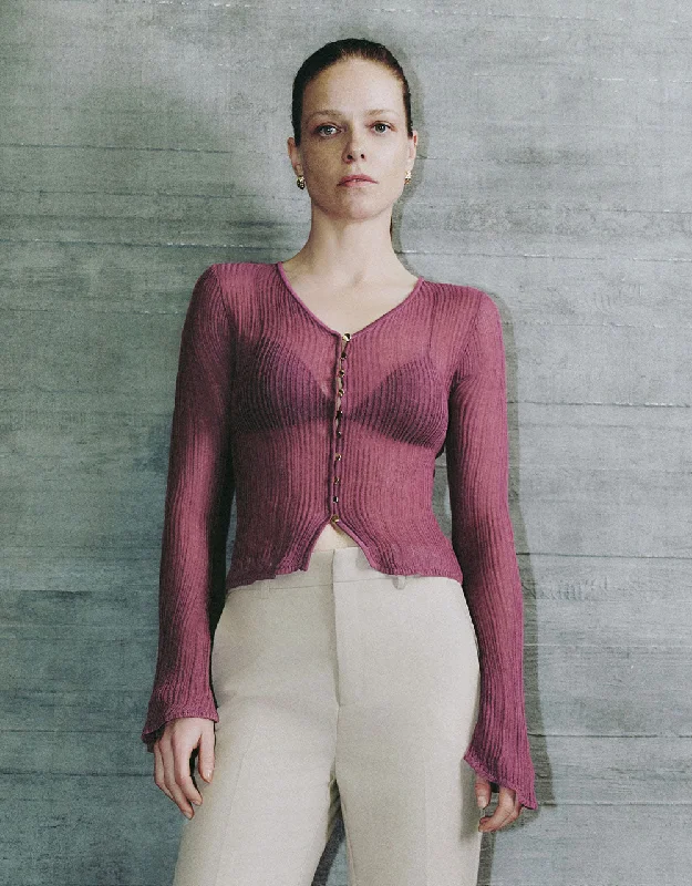 Skinny V-Neck Knitted Cardigan Glossy Satin Silk