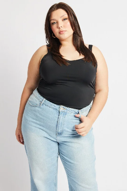 Black Tank Top V Neck Side Ruched low neck tank
