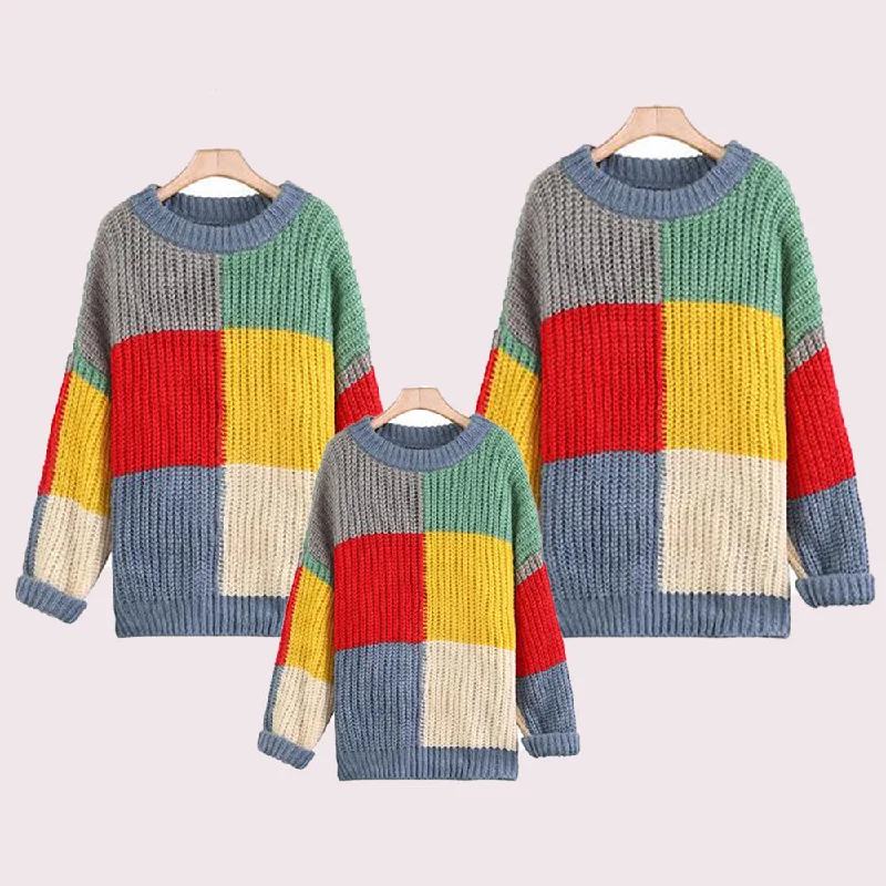 Family Matching Rainbow Mosaic Sweater Cable Knit Ribbed Knit Lace Knit