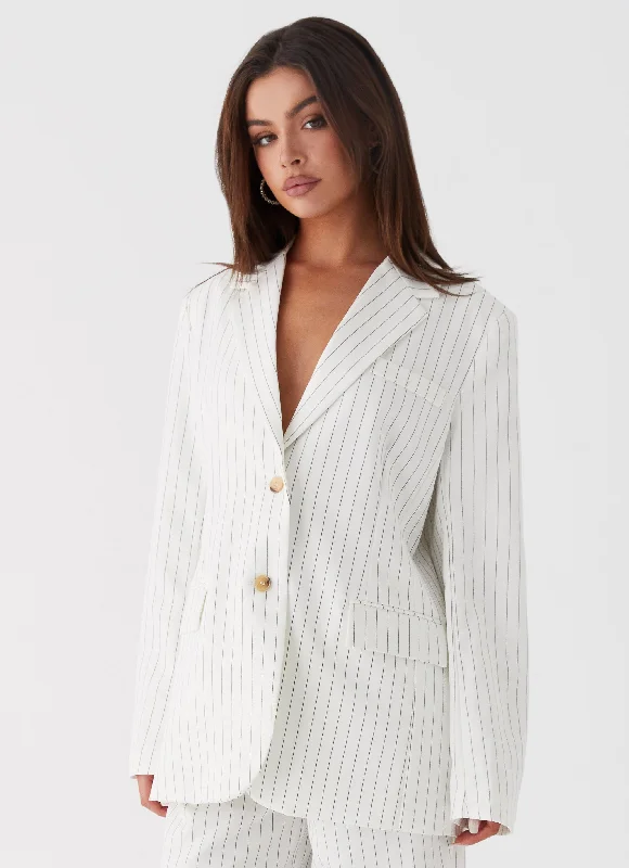 Can't Leave Pinstripe Oversized Blazer - White Pinstripe Women's Lightweight Blazer