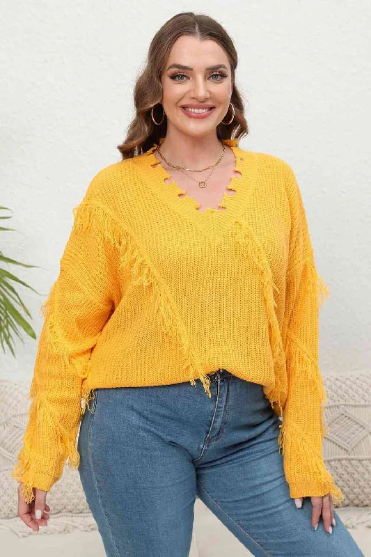 Plus Size Fringe V-Neck Long Sleeve Sweater Ribbed Striped Patterned