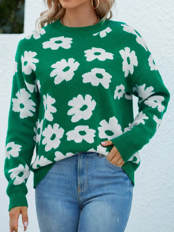 Floral Round Neck Sweater Bright Pastel Dark