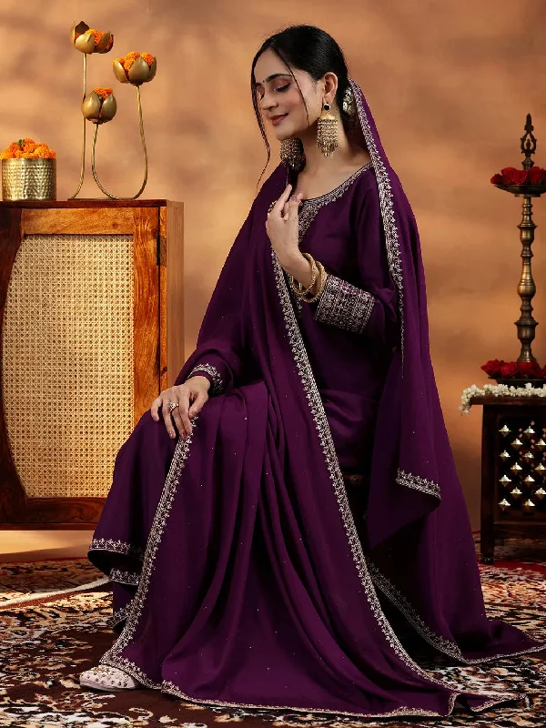 Wine Yoke Design Silk Blend A-Line Kurta With Trousers & Dupatta Trousers sophisticated sleek Wine Yoke Design Silk Blend A-Line Kurta With Trousers & Dupatta Trousers sophisticated sleek