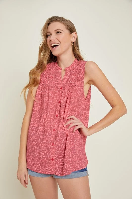 Ruffled Around The Neck Women's Button Front Tank Top low neck tank