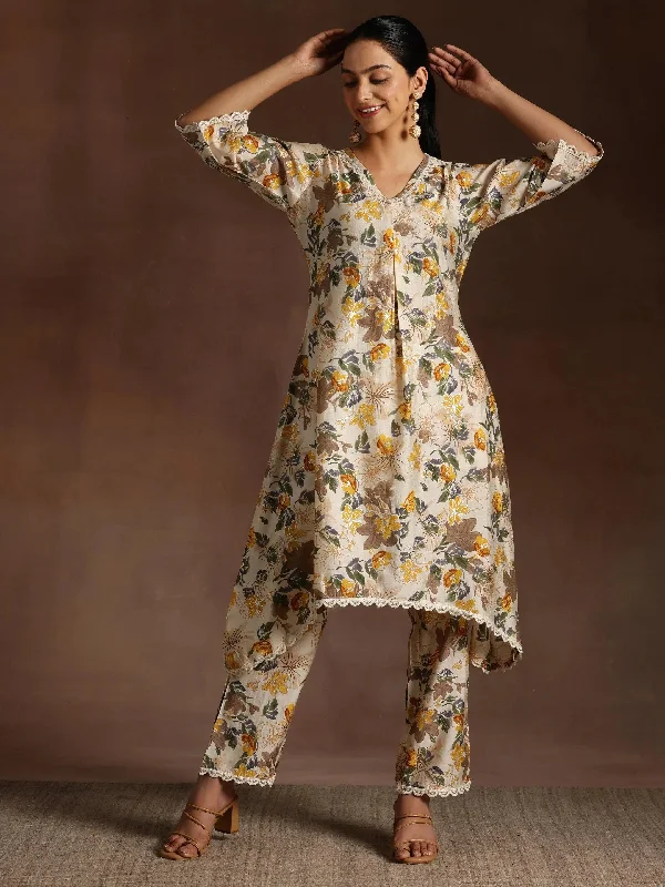 Beige Printed Chanderi Silk A-Line Kurta With Trousers Trousers Handmade Artisanal