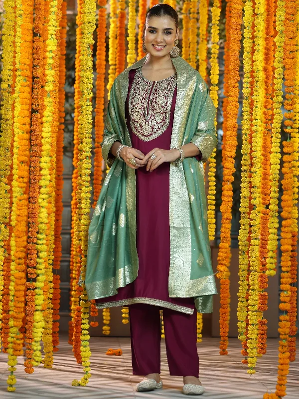 Maroon Yoke Design Silk Blend A-Line Kurta With Trousers & Dupatta Trousers Party Sparkling