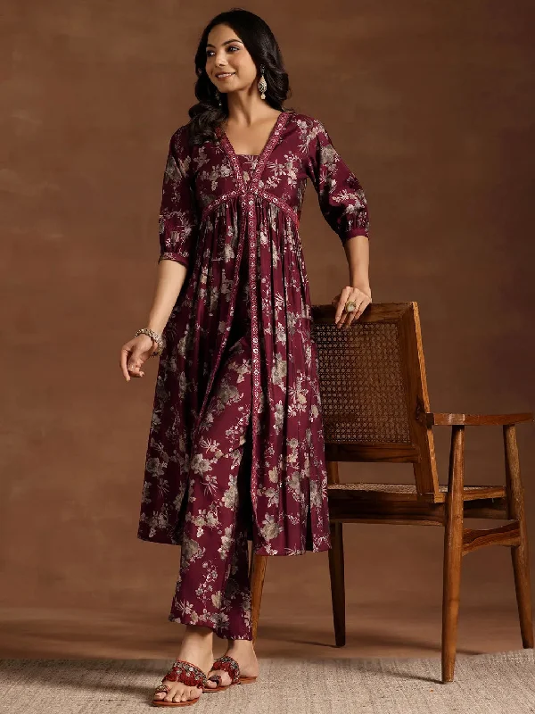 Maroon Printed Silk Blend A-line Kurta With Trousers Trousers fashionable trendy