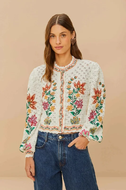 FARM RIO Off-White Garden Delight Knit Cardigan Embroidered Appliqued Beaded