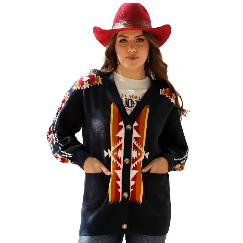 Cinch Ladies Navy Aztec Print Cardigan CWK7409002 Slim Fit Regular Fit Oversized