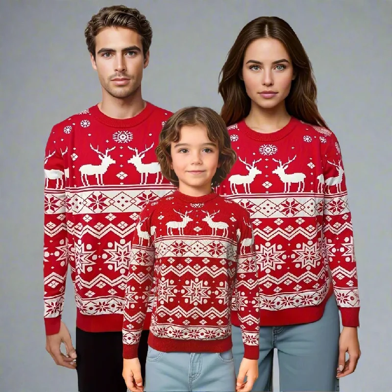 Matching Family Christmas Sweaters – Festive Red with Reindeer and Snowflake Pattern Real Fur Shearling Chenille Matching Family Christmas Sweaters – Festive Red with Reindeer and Snowflake Pattern Real Fur Shearling Chenille