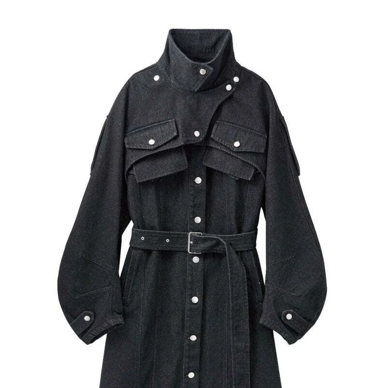 3way Denim Trench Coat/Black Houndstooth Coat Plaid Coat Tartan Coat