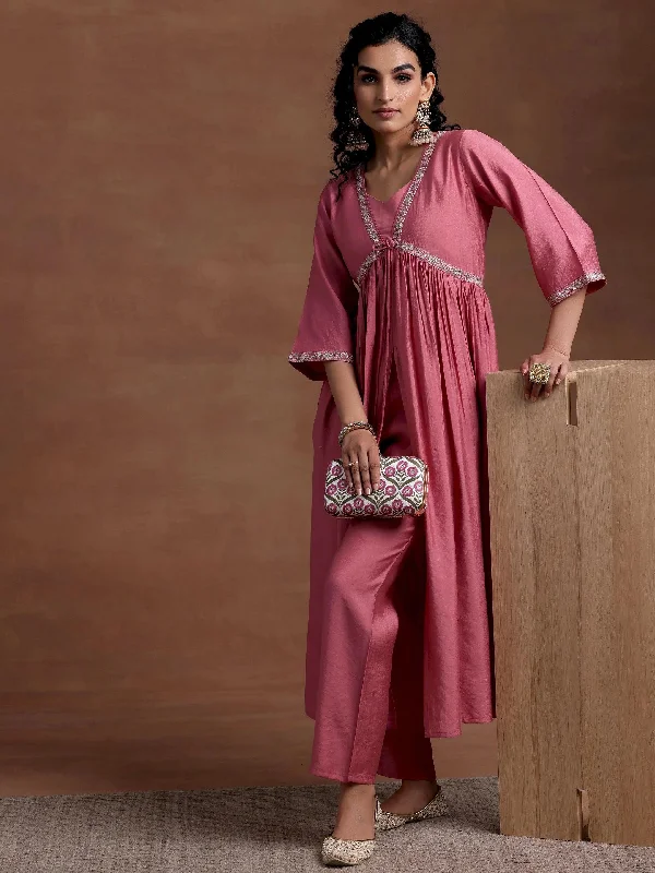 Peach Solid Silk Blend A-Line Kurta With Trousers Trousers Ceremony Elegant