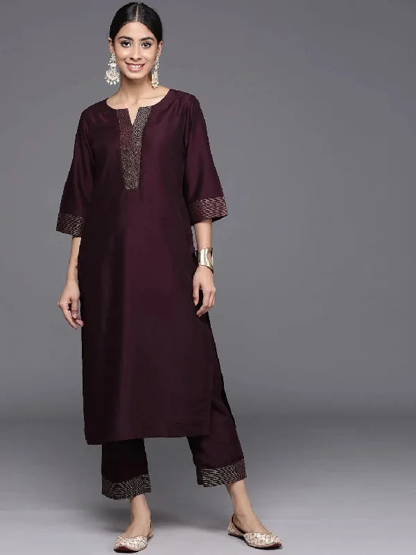 Burgundy Solid Silk Blend Straight Kurta With Trousers Trousers Bestseller Popular
