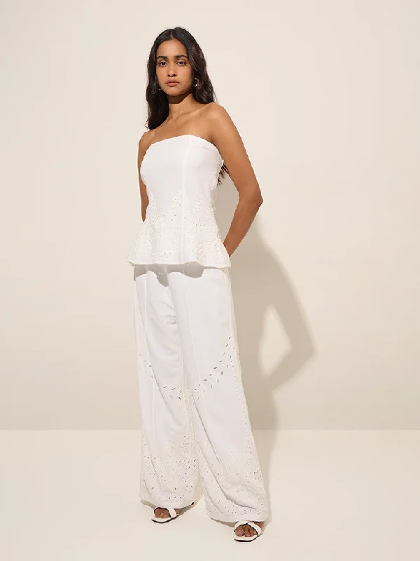 LOV White Schiffli-Detailed High-Rise Cotton Trousers Trousers New Arrival