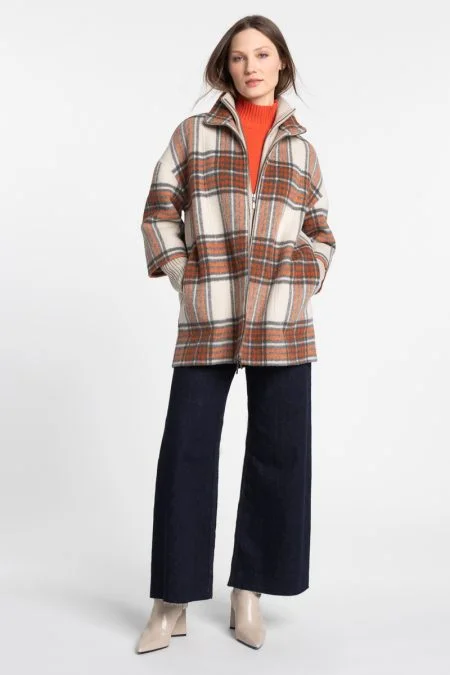 Kinross Cashmere Plaid Knit Insert Coat Stand-Up Roll-Neck Turtle