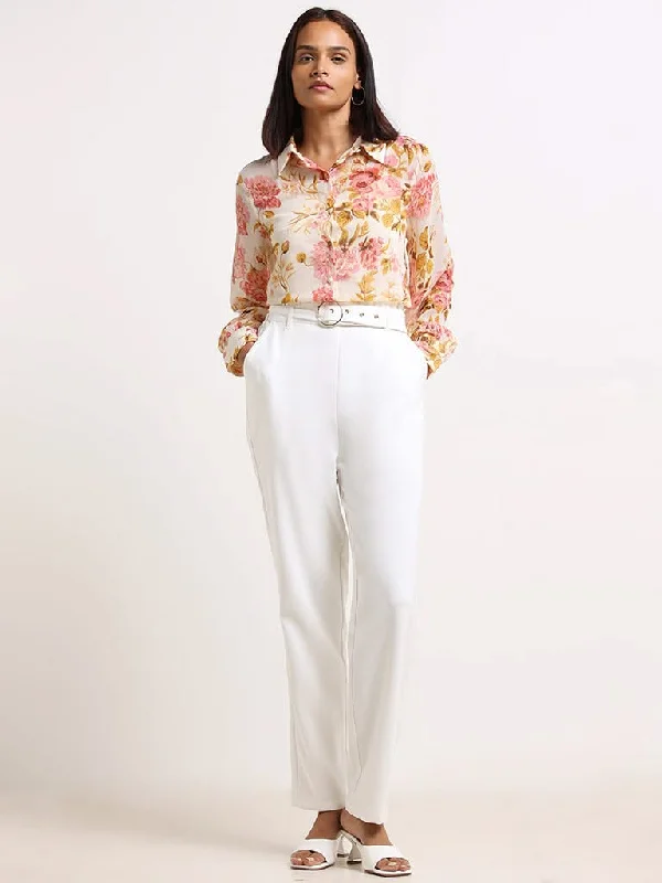 Wardrobe White Straight-Fit Trousers with Belt Trousers fashionable trendy