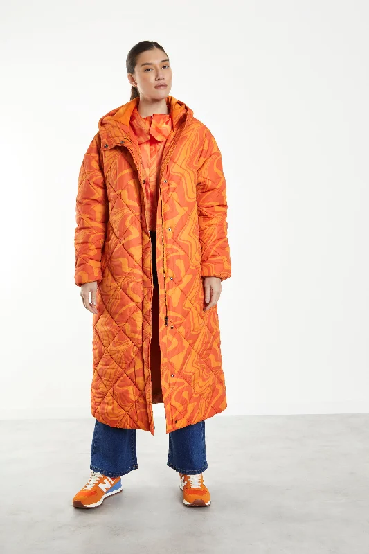 Glamorous Orange Marble Quilted Longline Puffer Coat with Hood Hook-and-Loop Buckled Tied Glamorous Orange Marble Quilted Longline Puffer Coat with Hood Hook-and-Loop Buckled Tied