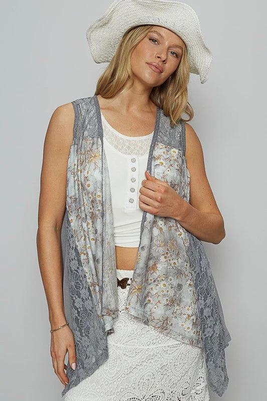 Pol Lace Patchwork Floral Open Front Sleeveless Cardigan Beaded Cardigan Sequined Faux Fur