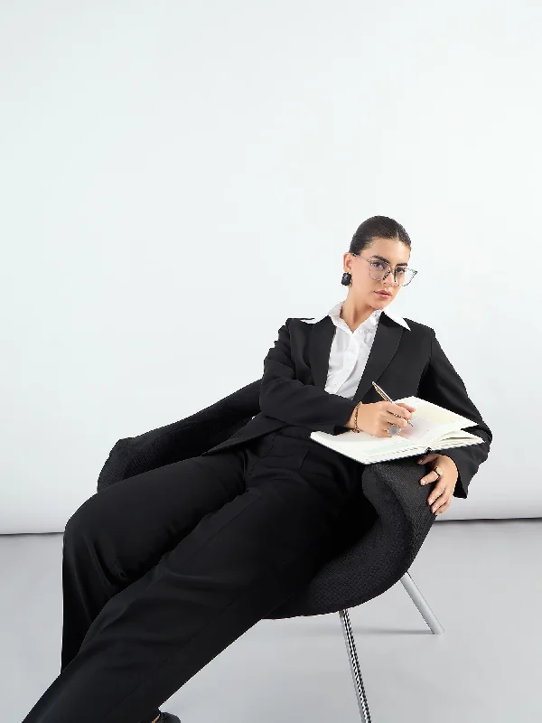 Chic Black Asymmetric Blazer Styled With Fitted Trouser Plus Size Women's Coat