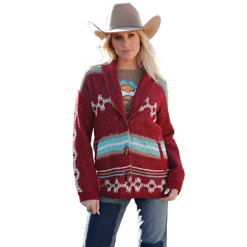 Cruel Denim Ladies Red Aztec Cardigan CWK7482001 Silk Blend Satin Velvet