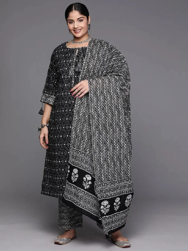 Black Printed Cotton Straight Kurta With Trousers and Dupatta Trousers New Arrival