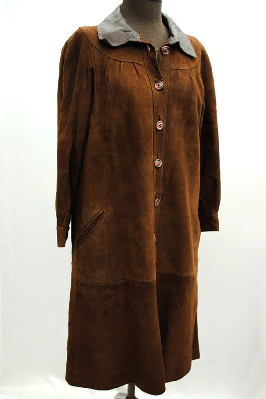 Women's Vintage 50s Long Brown Suede and Leather Coat Tailored Straight A-Line