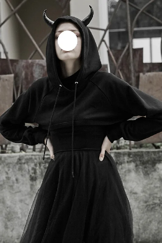 Black Demon Horn Decoration Long Sleeves Lace-Up Hooded Women's Gothic Coat A-Line Ball Gown Mermaid