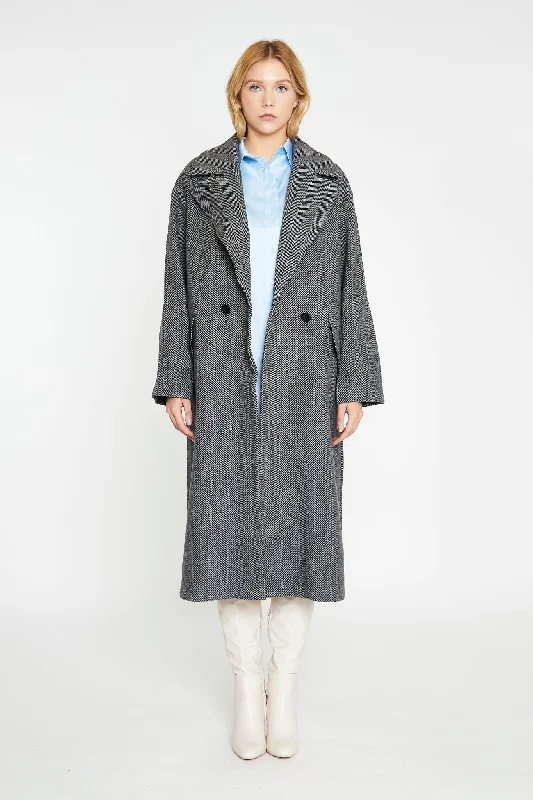 Charcoal-Chevron Oversized Double-Breasted Maxi-Coat Striped Polka Dot Floral