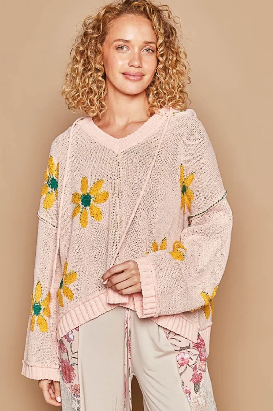 Blue Zone Planet | Pol Floral Pattern Hooded High-Low Sweater Print Jacquard Patchwork Blue Zone Planet | Pol Floral Pattern Hooded High-Low Sweater Print Jacquard Patchwork