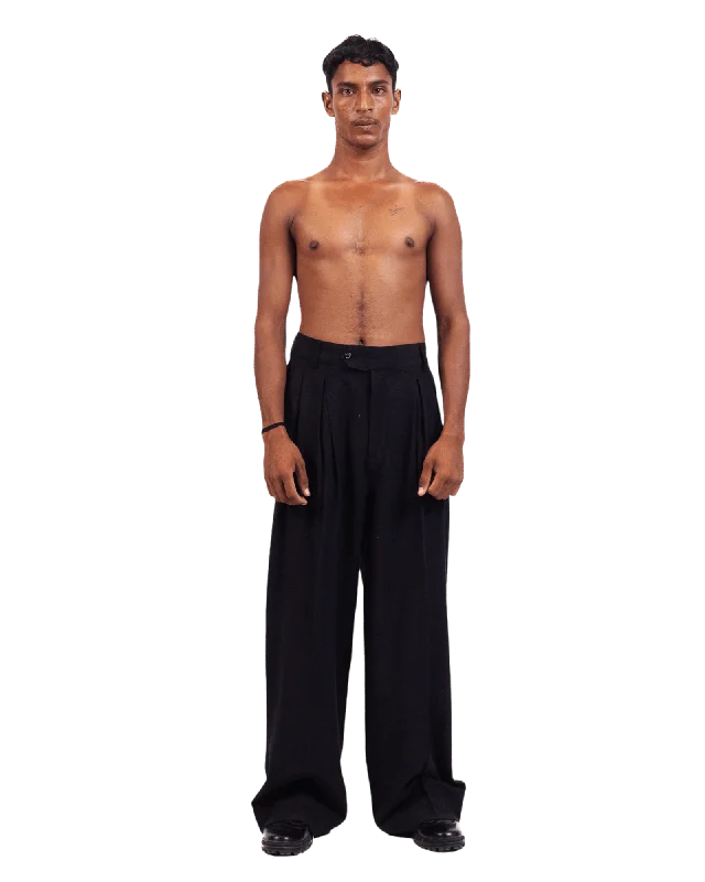 BLACK KHADDAR DOUBLE-PLEATED TROUSERS Trousers Bootcut Casual
