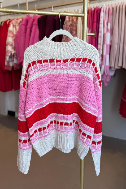 Pink and Red Striped Turtleneck Sweater Terry Terry Cloth Terry Knit