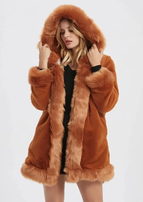 Womens Hooded Faux Fur Collar Coat Buttoned Toggled Snapped