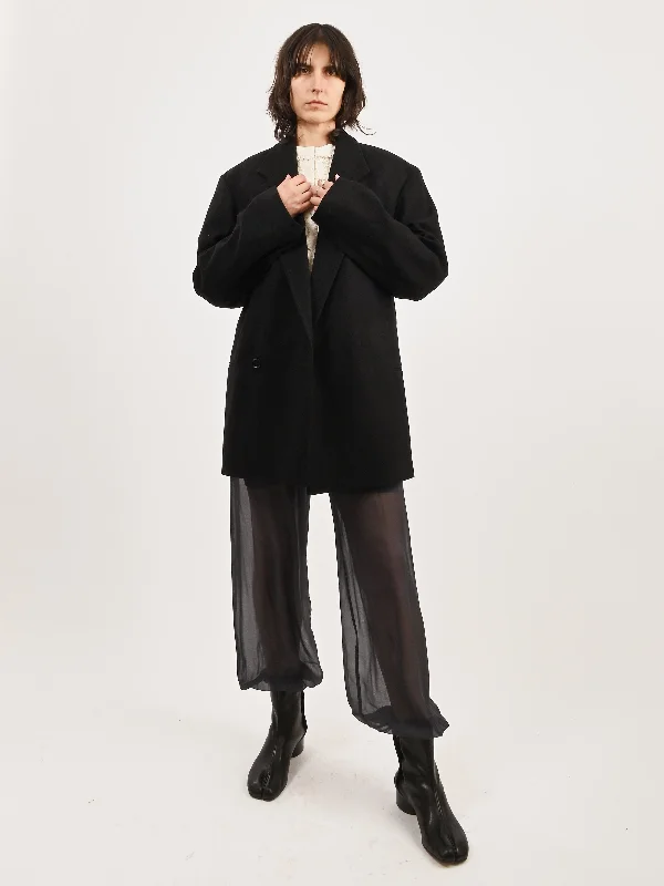 Black Short Maxi DB Coat Tie-Waist Belted Drawstring