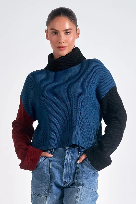 COLOR BLOCK TURTLE NECK CROPPED SWEATER - BLUE Elegant Classic Vintage