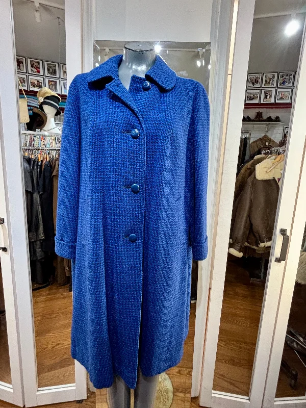 60’s Royal Blue Peter Pan Collar Wool Coat By Harris Tweed Solid Print Jacquard